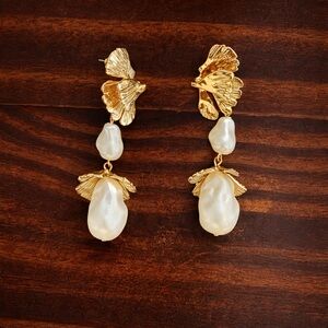 Never Worn Gold Floral & Pearl Drop Earrings - Women Jewelry